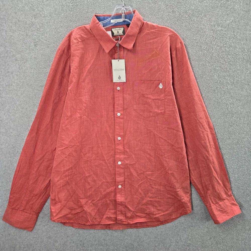 Volcom Men Button‎ Up Shirt Medium Orange Vex Factor Pocket Long Sleeve NWT